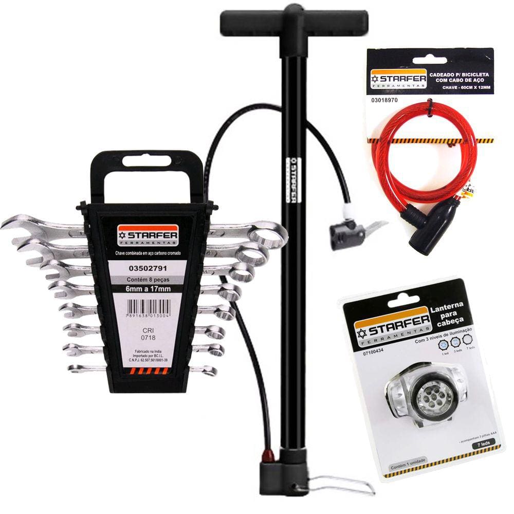 Kit Bomba Manual Alta Pressão 100psi 4 Acessórios Lanterna Cadeado Chave Combinada - Starfer