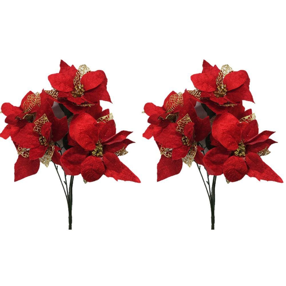 Kit 2 Buquê Natal Bico de Papagaio Vermelho Camurça e Dourado 5 Flores 47cm - Master Christmas
