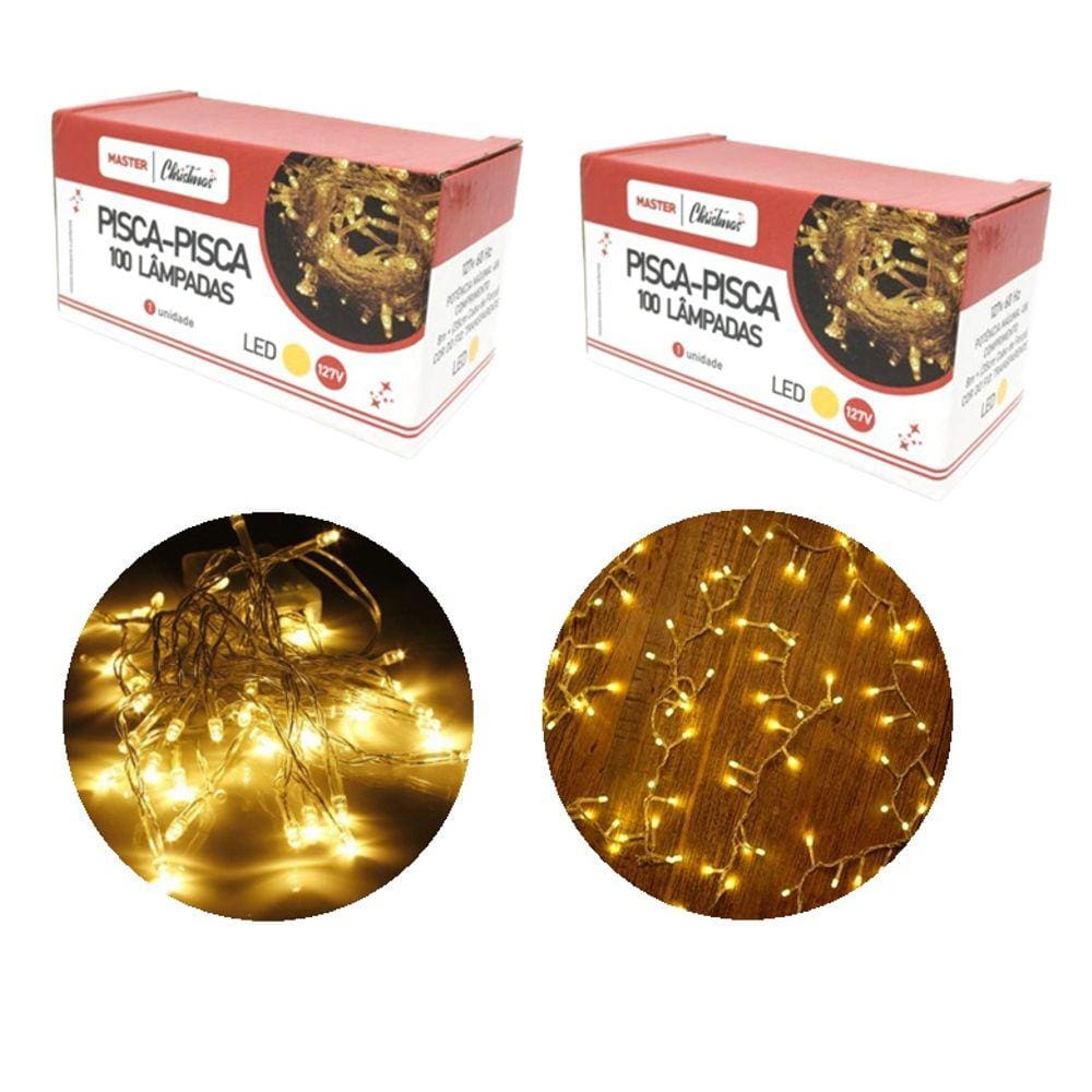 Kit 2 Pisca Pisca 100 Lâmpadas LED Branco Quente 8 Funções 127V Total 200 Lâmpadas - Master Christmas