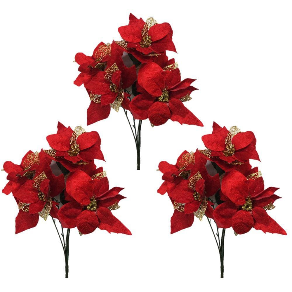 Kit 3 Buquê Natal Bico de Papagaio Vermelho Camurça e Dourado 5 Flores 47cm - Master Christmas