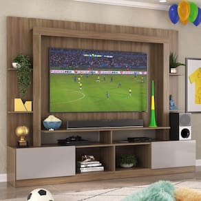 Rack Estante com Painel e Suporte TV 65" e 2 portas Catar Multimóveis BR3386 Madeirado/Lacca Fumê