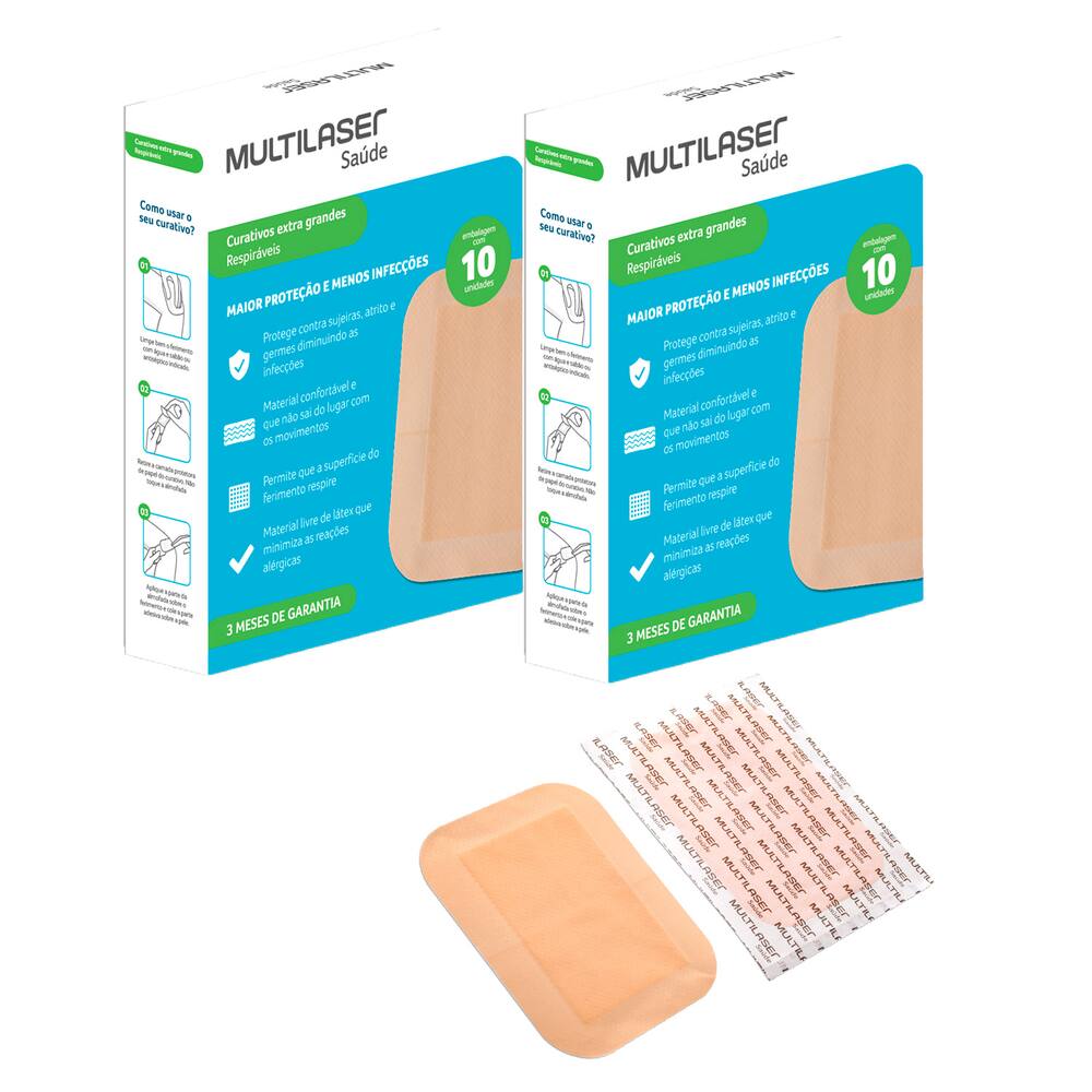 2 Caixas de Curativo com 10 Unidades Cada Extra Grande Retangular Bege Multilaser