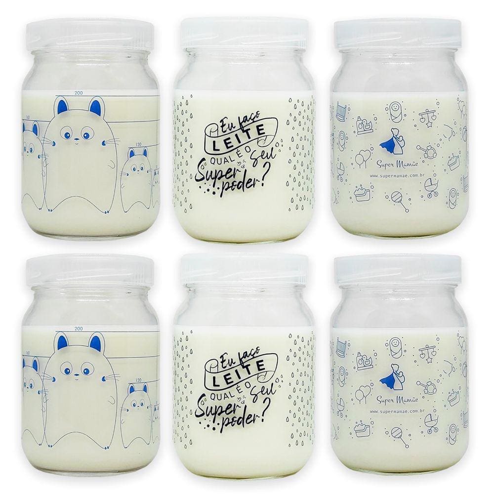 Kit 6 Potes Vidro Armazenar Leite Materno Decorado 360 Graduação 200ml