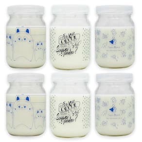 Kit 6 Potes Vidro Armazenar Leite Materno Decorado 360 Graduação 200ml