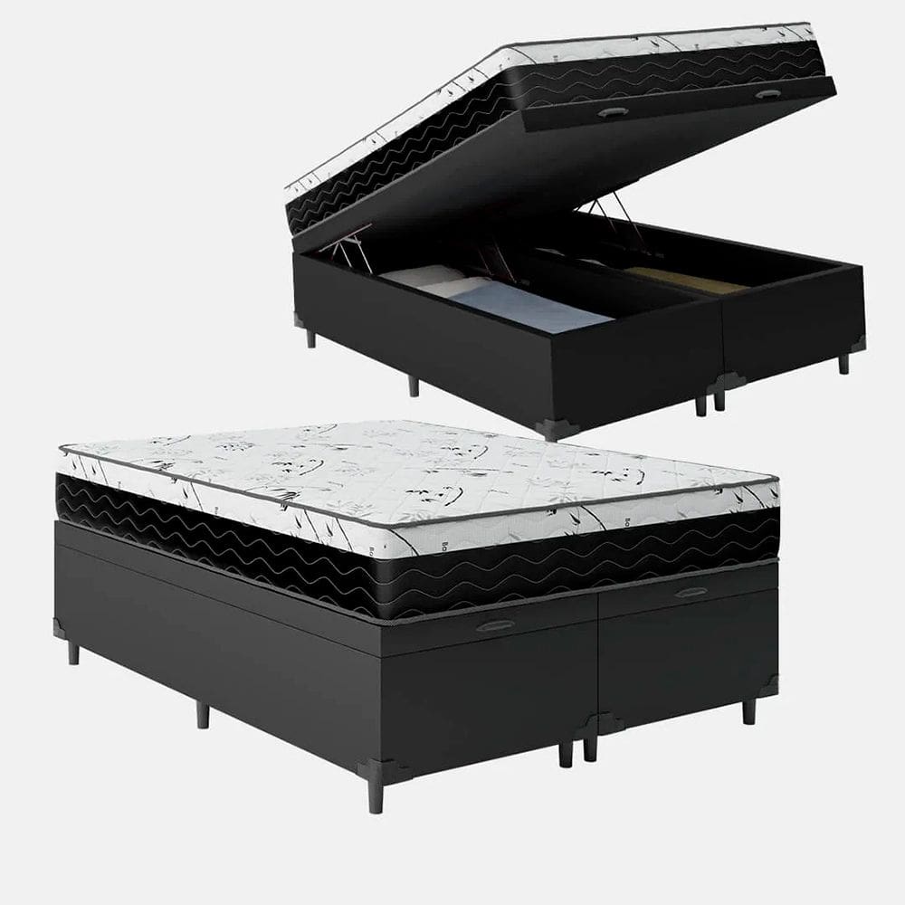 Cama Box Baú Queen Bipartido 158 Sintético Preto com Colchão Espuma D33 One Face - Bello Box - 58X158X198