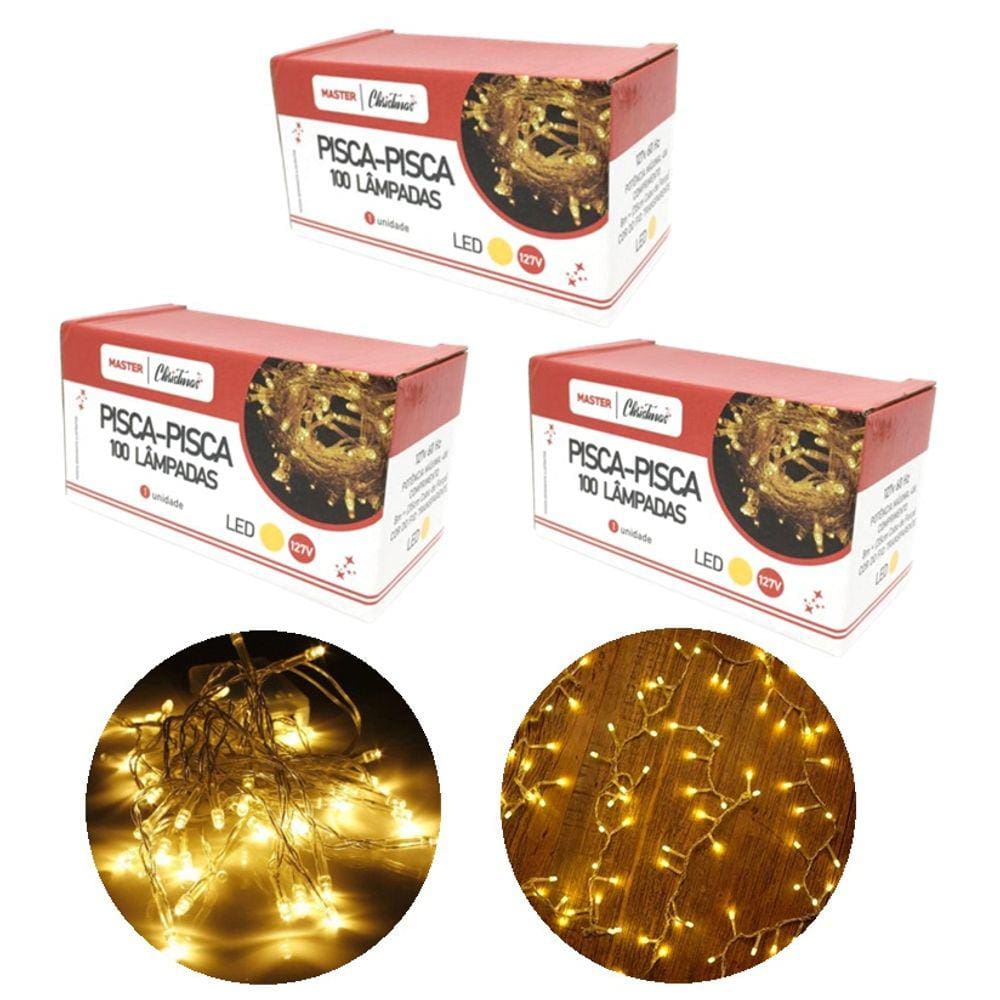 Kit 3 Pisca Pisca 100 Lâmpadas LED Branco Quente 8 Funções 127V Total 300 Lâmpadas - Master Christmas