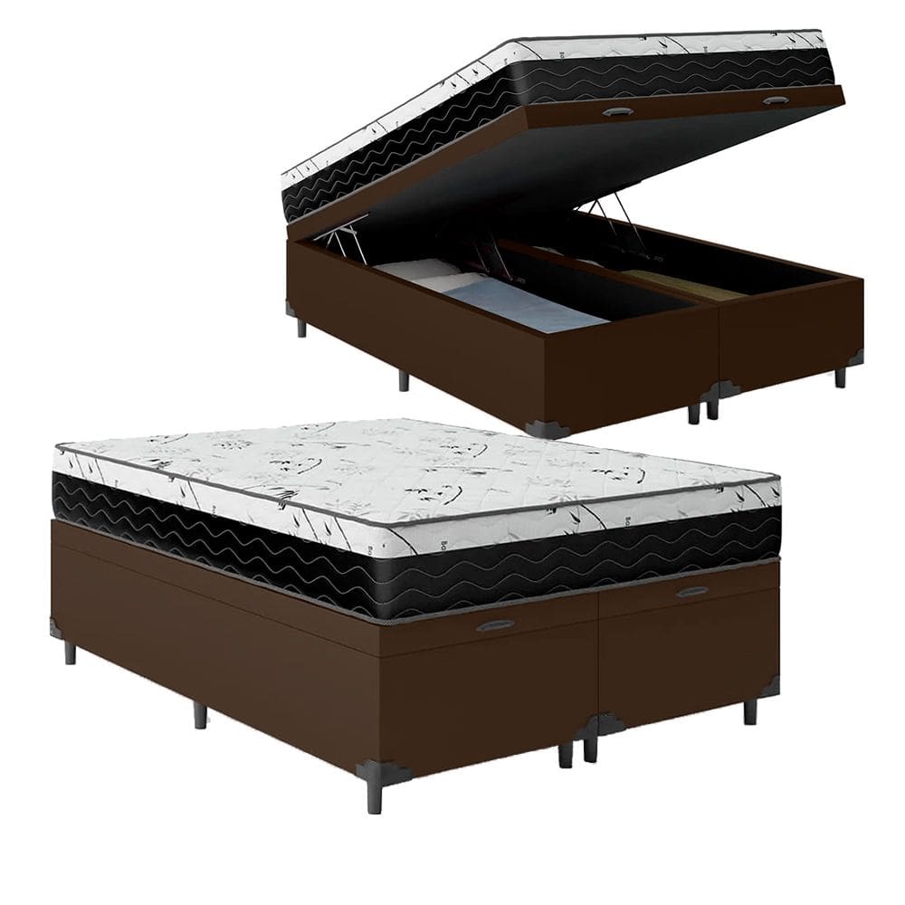 Cama Box Baú Casal 138 Bipartido Tecido Sintético Marrom com Colchão One Face D33 - Bello Box - 58x138x188cm