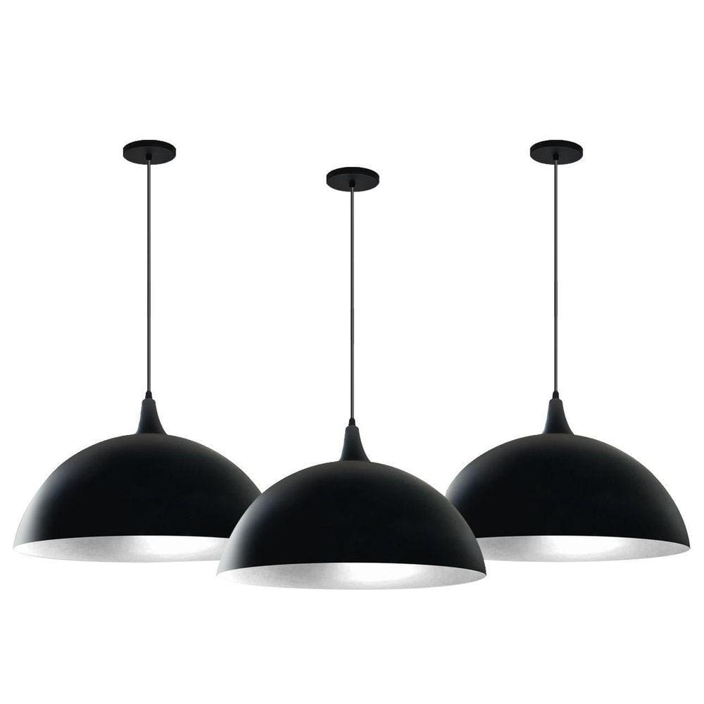Kit 3 Lustre Pendente Meia Lua 40 Cm Com Chapéu Preto Branco