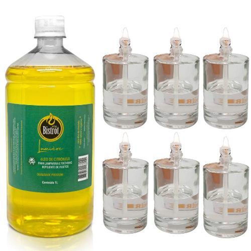 Kit 6 Lamparinas Decorativa Cilí Incolor + 1L De Citronela