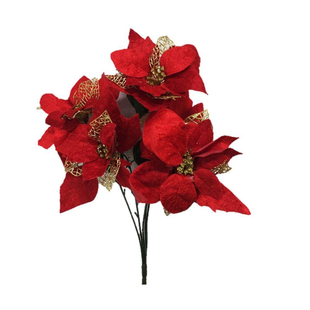 Buquê Natal Bico de Papagaio Vermelho Camurça e Dourado 5 Flores 47cm - Master Christmas