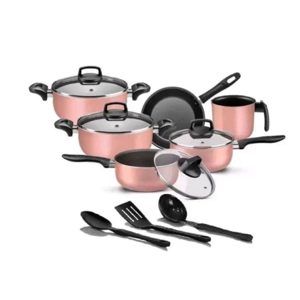 Conjunto De Panelas 9 Peças Rosa Com Tampa De Vidro