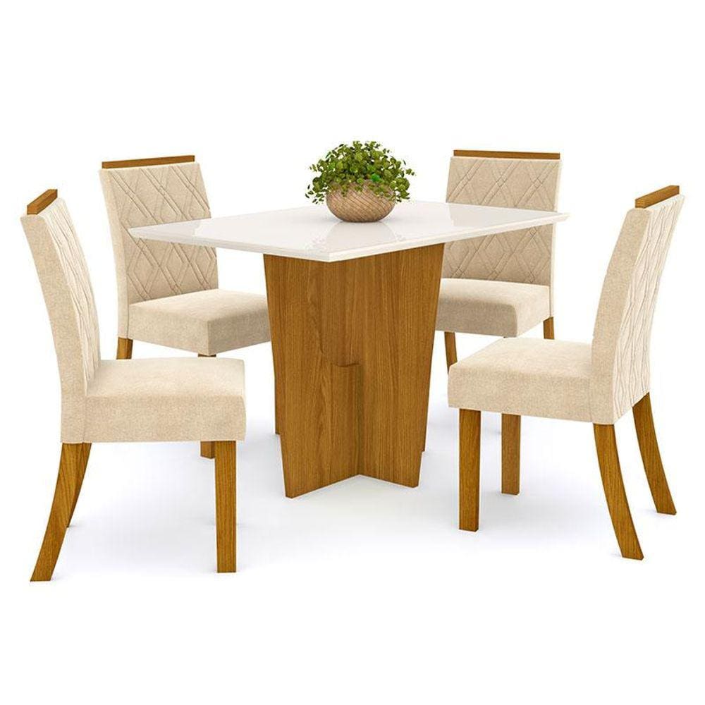 Mesa de Jantar Danielly 120 cm Tampo Reto com Vidro Nature Off White e 4 Cadeiras Vita Linho - Henn