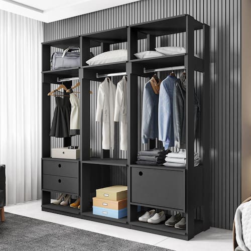 Conjunto Closet Modulado com 3 Cabideiros 1 Porta 2 Gavetas Titan Espresso Móveis Preto Velluto