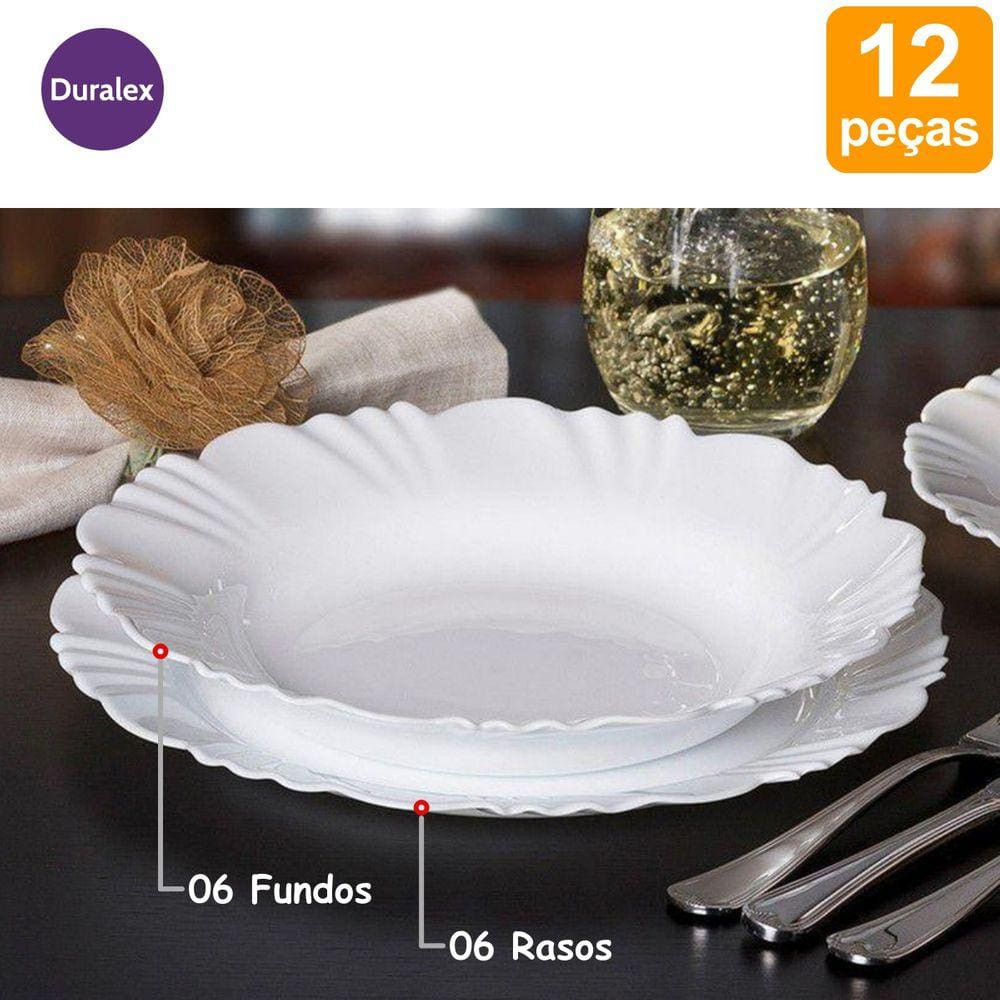Kit 12 Pratos Vidro Duralex Opaline Pétala - 6 Rasos e 6 Fundos