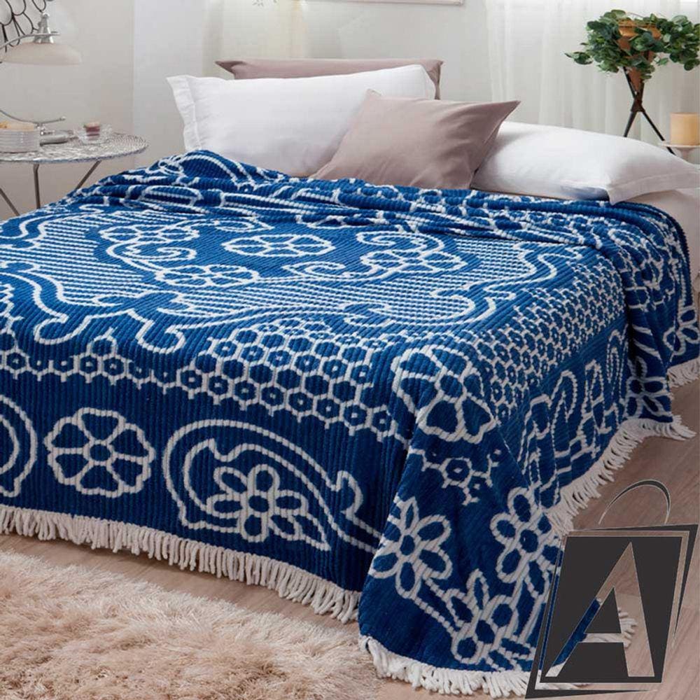 Colcha Chenille Jolitex Casal Bruna Azul e Branco
