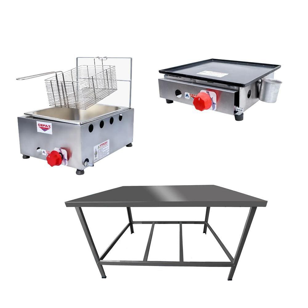 Kit Lanchonete Mesa de Manipulação 100x55cm + Fritadeira a Gás 1 Cuba + Chapa a Gás 30cm Alcamar