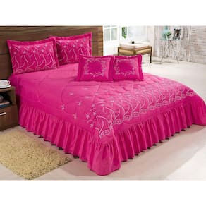 Kit Cobre Leito King Desejos 07 Peças Bordado Colcha - Pink
