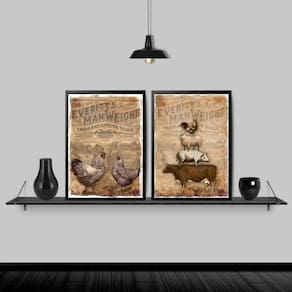Kit 2 Quadros Country Animais Fazenda Retrô 24X18Cm Preta