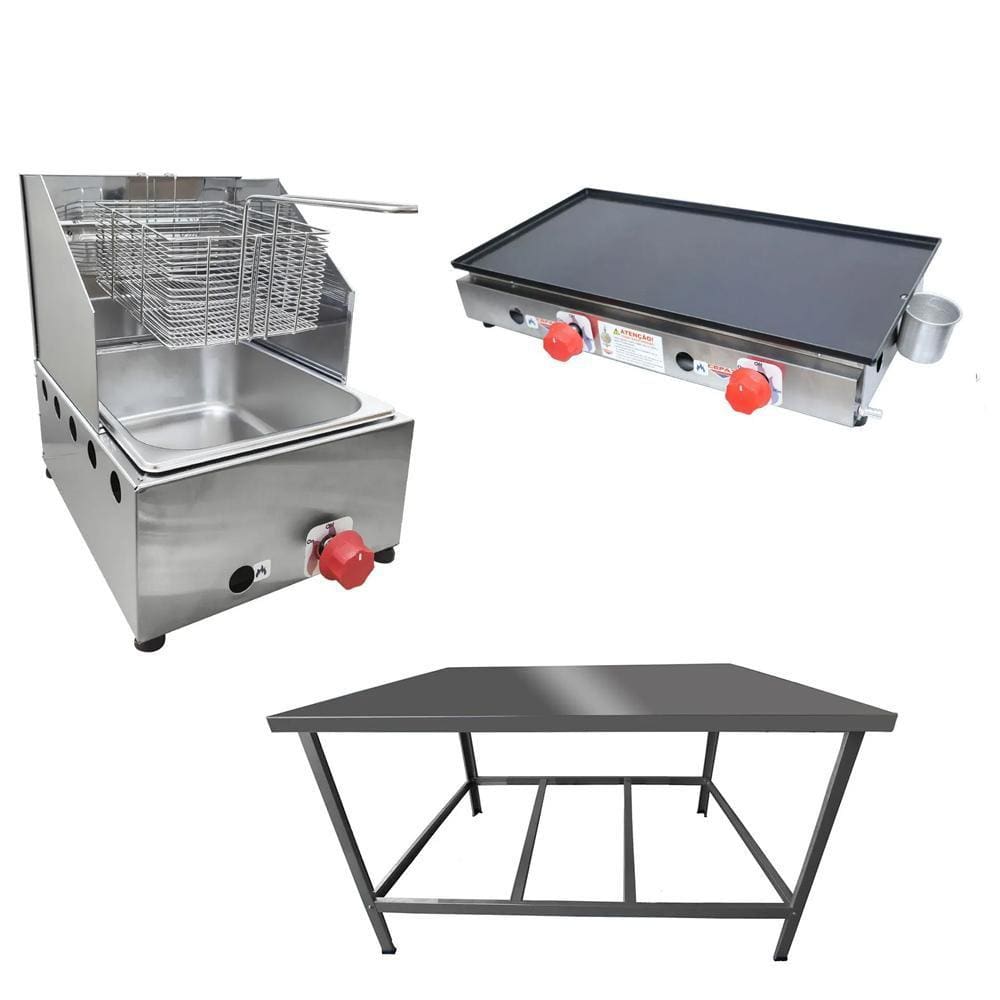 Kit Lanchonete Mesa de Manipulação 100x55cm + Fritadeira a Gás 1 Cuba + Chapa a Gás 60cm Alcamar