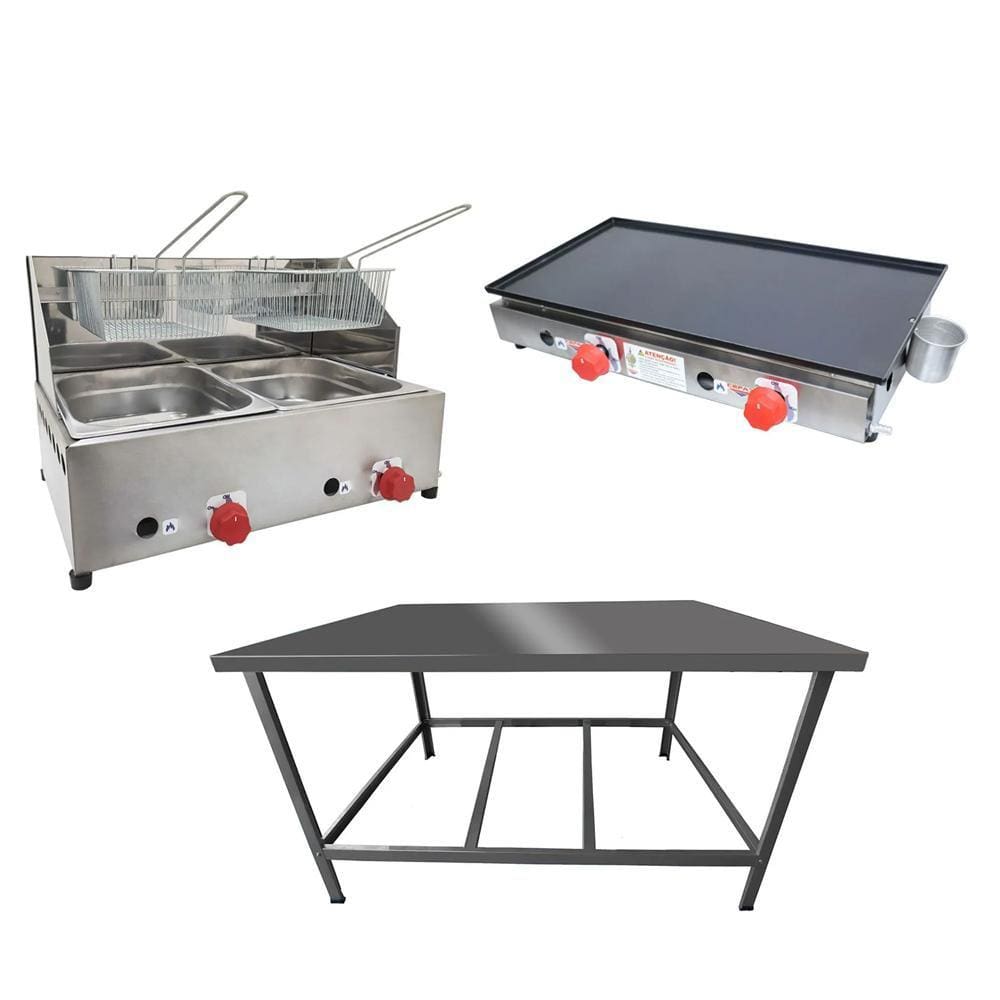 Kit Lanchonete Mesa de Manipulação 100x55cm + Fritadeira a Gás 2 Cuba + Chapa a Gás 60cm Alcamar