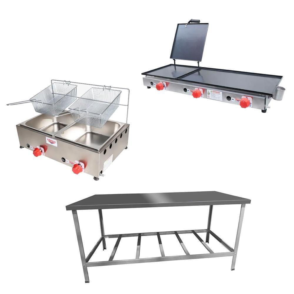 Kit Lanchonete Mesa de Manipulação 190x70cm + Fritadeira a Gás 2 Cuba + Chapa a Gás 90cm Alcamar