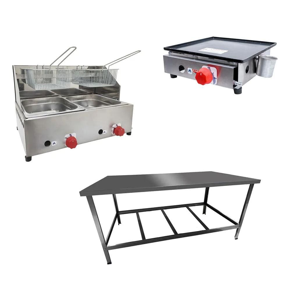 Kit Lanchonete Mesa de Manipulação 120x55cm + Fritadeira a Gás 2 Cuba + Chapa a Gás 30cm Alcamar