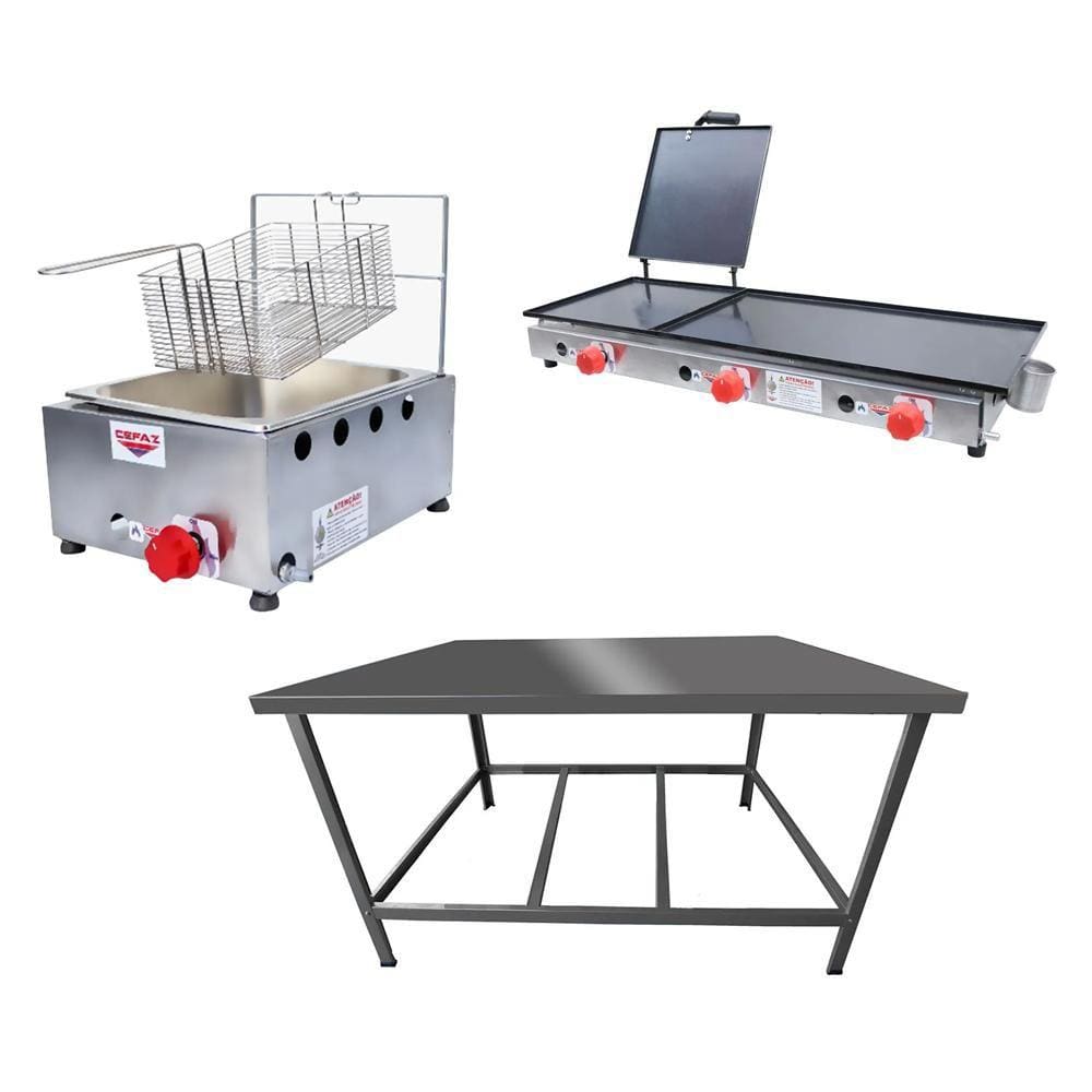 Kit Lanchonete Mesa de Manipulação 100x55cm + Fritadeira a Gás 1 Cuba + Chapa a Gás 90cm Alcamar