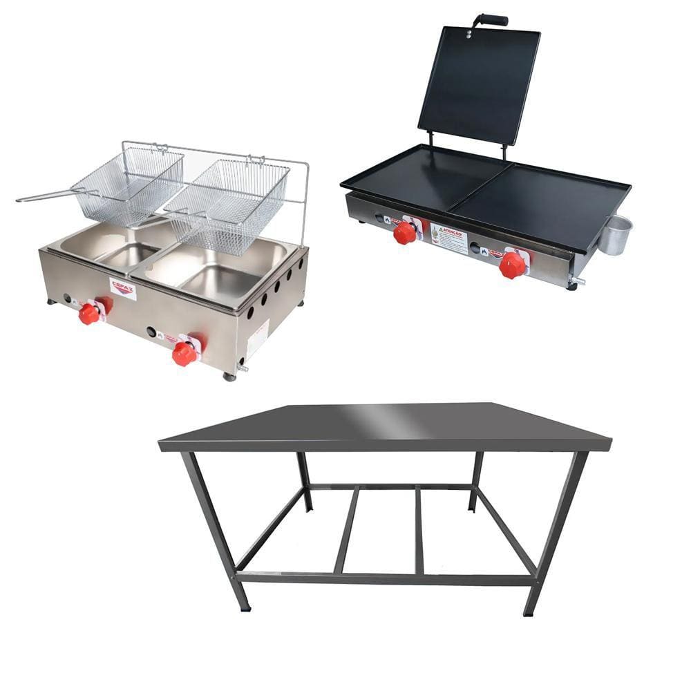 Kit Lanchonete Mesa de Manipulação 100x55cm + Fritadeira a Gás 2 Cuba + Chapa a Gás 60cm Alcamar