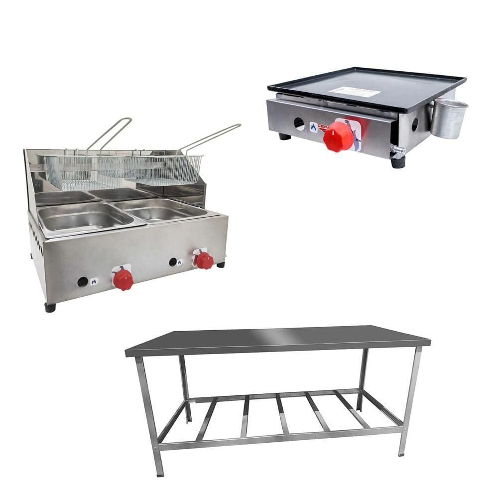 Kit Lanchonete Mesa de Manipulação 190x70cm + Fritadeira a Gás 2 Cuba + Chapa a Gás 30cm Alcamar