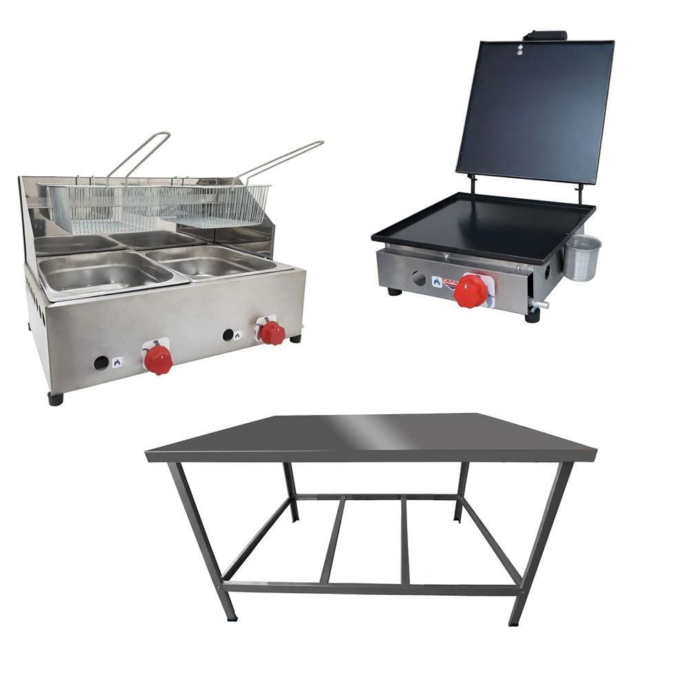 Kit Lanchonete Mesa de Manipulação 100x55cm + Fritadeira a Gás 2 Cuba + Chapa a Gás 30cm Alcamar