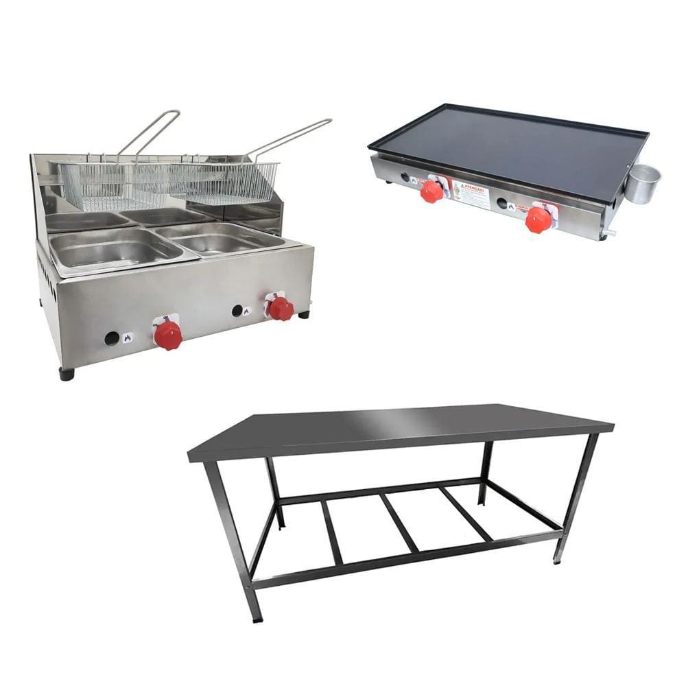 Kit Lanchonete Mesa de Manipulação 120x55cm + Fritadeira a Gás 2 Cuba + Chapa a Gás 60cm Alcamar