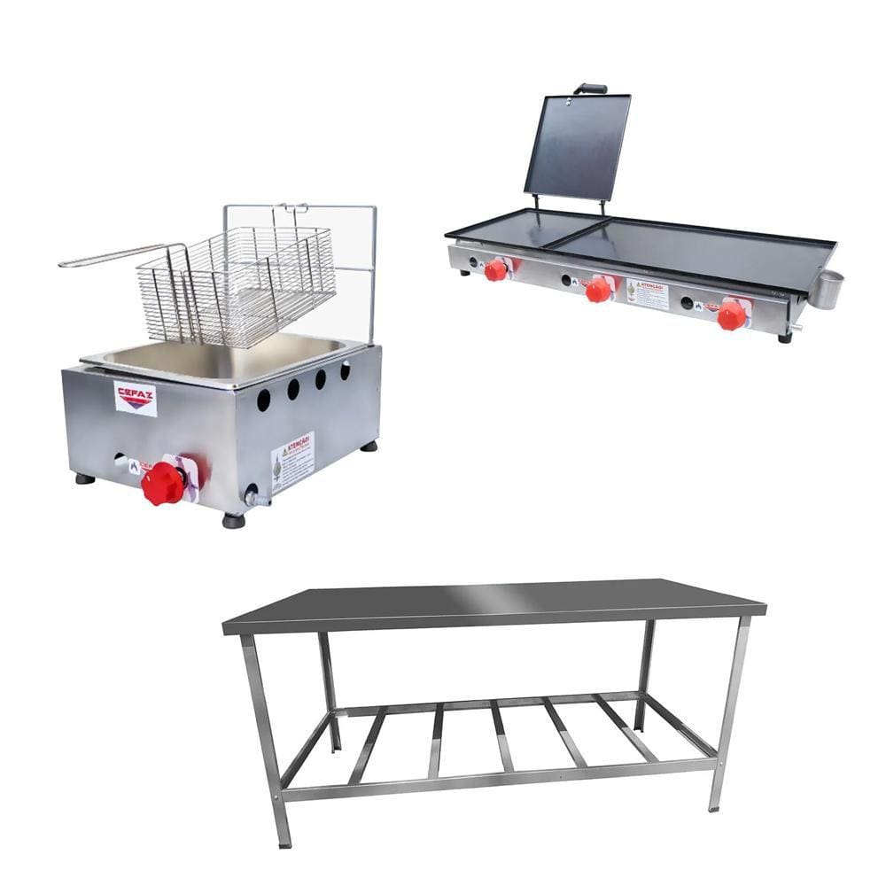 Kit Lanchonete Mesa de Manipulação 190x70cm + Fritadeira a Gás 1 Cuba + Chapa a Gás 90cm Alcamar