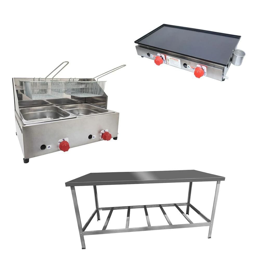 Kit Lanchonete Mesa de Manipulação 190x70cm + Fritadeira a Gás 2 Cuba + Chapa a Gás 60cm Alcamar
