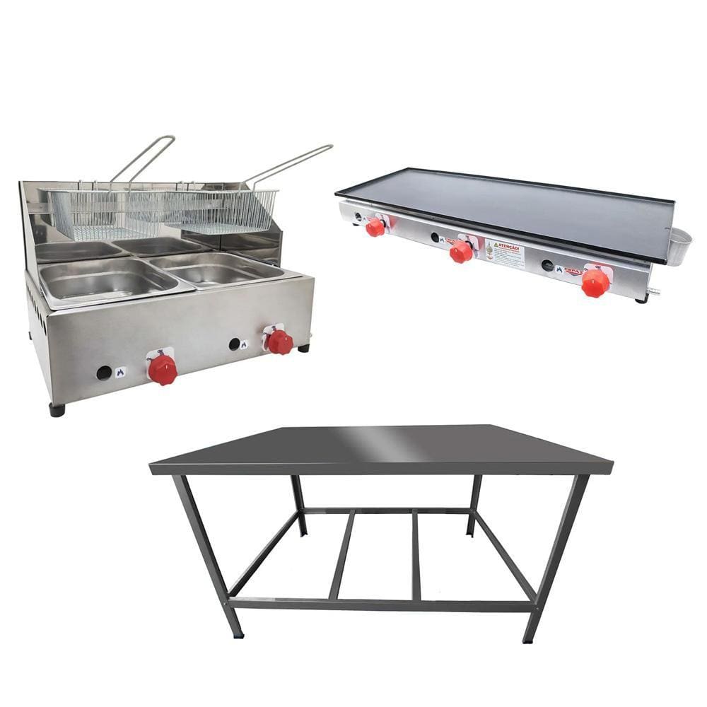 Kit Lanchonete Mesa de Manipulação 100x55cm + Fritadeira a Gás 2 Cuba + Chapa a Gás 90cm Alcamar