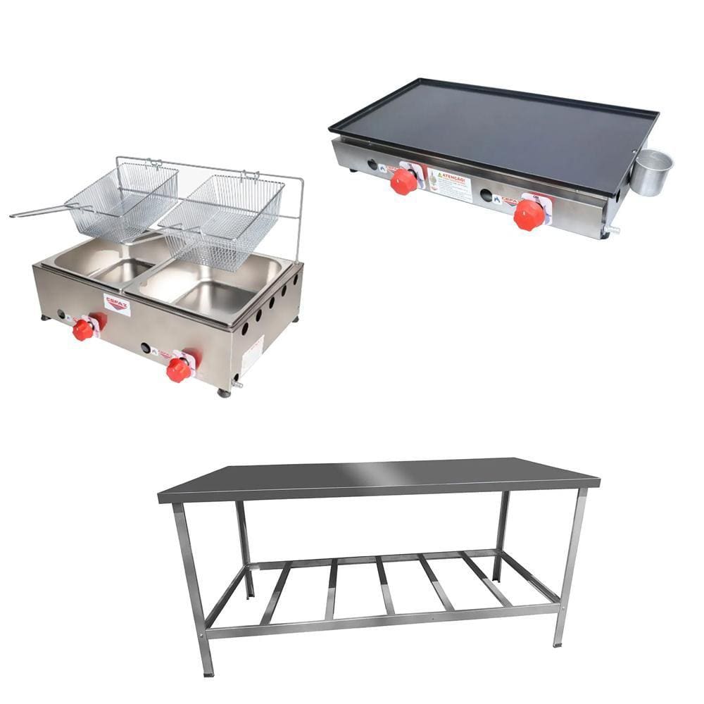Kit Lanchonete Mesa de Manipulação 190x70cm + Fritadeira a Gás 2 Cuba + Chapa a Gás 60cm Alcamar