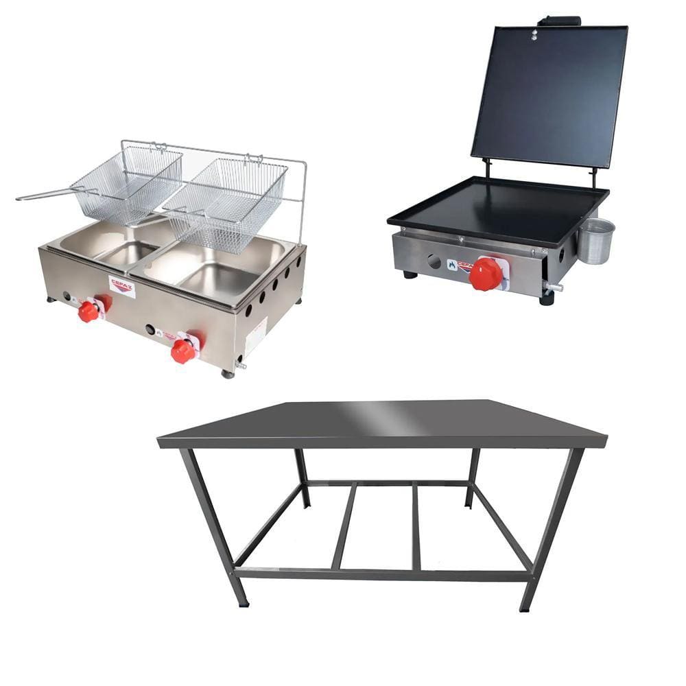 Kit Lanchonete Mesa de Manipulação 100x55cm + Fritadeira a Gás 2 Cuba + Chapa a Gás 30cm Alcamar