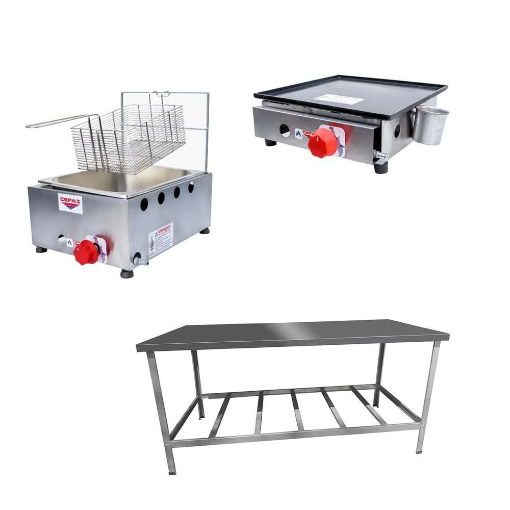 Kit Lanchonete Mesa de Manipulação 190x70cm + Fritadeira a Gás 1 Cuba + Chapa a Gás 30cm Alcamar