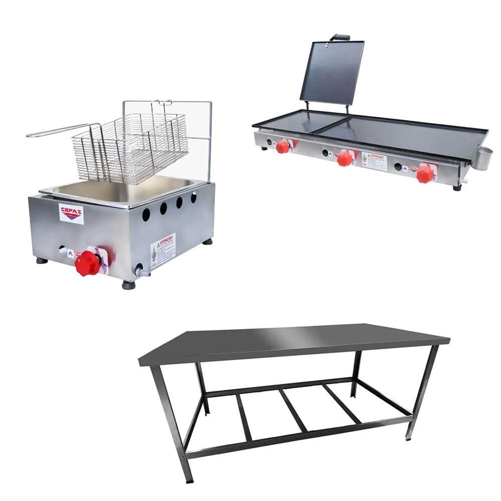 Kit Lanchonete Mesa de Manipulação 120x55cm + Fritadeira a Gás 1 Cuba + Chapa a Gás 90cm Alcamar