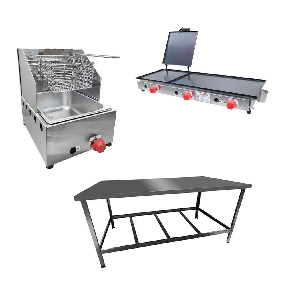 Kit Lanchonete Mesa de Manipulação 120x55cm + Fritadeira a Gás 1 Cuba + Chapa a Gás 90cm Alcamar