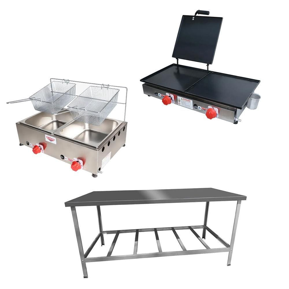 Kit Lanchonete Mesa de Manipulação 190x70cm + Fritadeira a Gás 2 Cuba + Chapa a Gás 60cm Alcamar