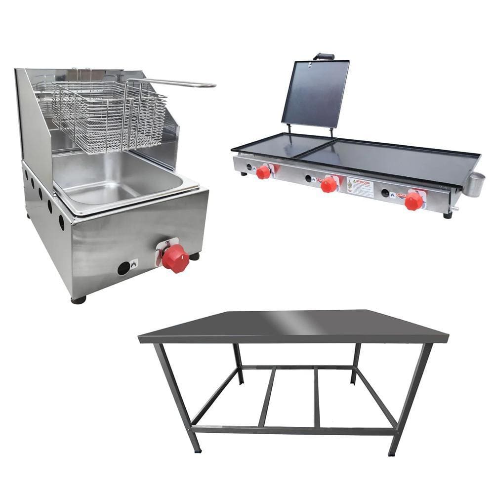 Kit Lanchonete Mesa de Manipulação 100x55cm + Fritadeira a Gás 1 Cuba + Chapa a Gás 90cm Alcamar