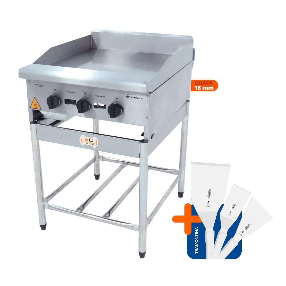 Chapa Americana Profissional 60cm a Gás 18mm Lisa Inox com Pé CGP60 e Conjunto de Espátulas - Venâncio