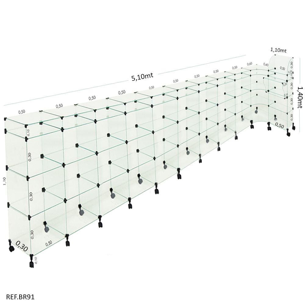 Balcão L Em Vidro C/ Caixa+ Rodizio 5,10 X1,10 X1,10 X 0,30