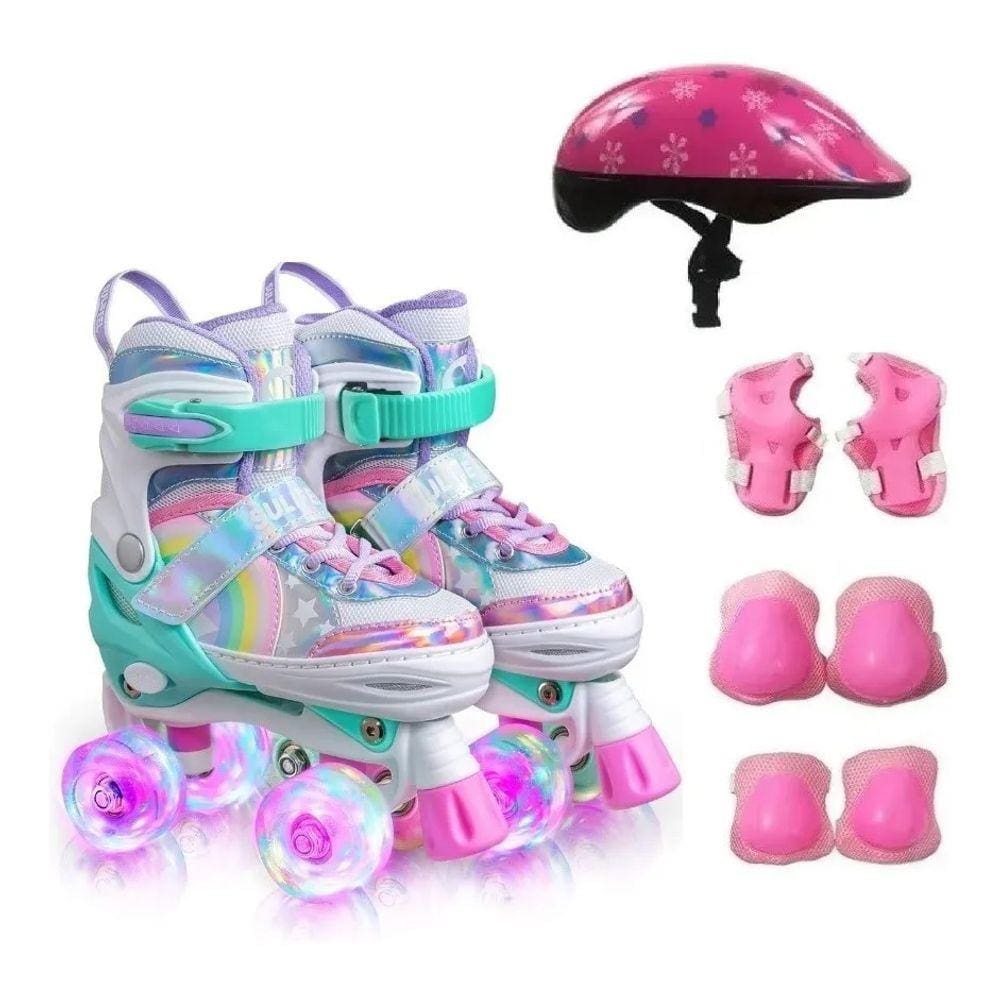 Patins Infantil Quad Ajustável+ Kit Proteção Rodas Led - ROSA- 33-36