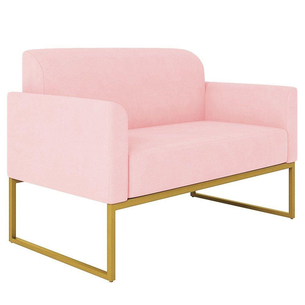 Poltrona Namoradeira 2 Lugares Base Industrial Dourada Maressa S19 Suede Rosa Bebê - Ibiza