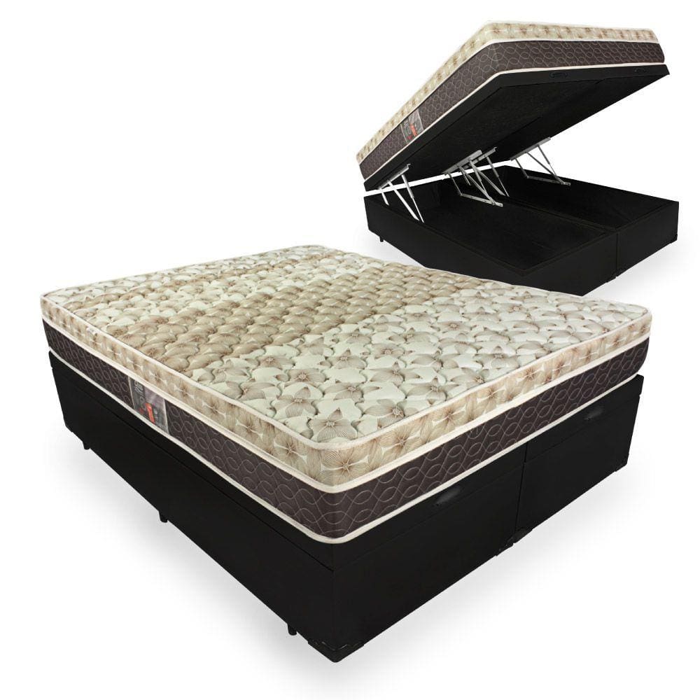 Cama Box Baú Queen + Colchão Molas Ensacadas - Castor - Class Pocket Híbrido One Face 158x198x67cm