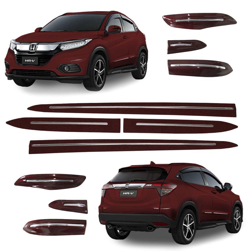 Jogo Friso Lateral Honda HR-V 2016 a 2022 e Protetor de Para-choque Vermelho Mercúrio com Filete Cromado