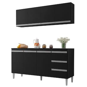 Balcão Gabinete 150cm 3 Portas E Armário Aéreo Preto