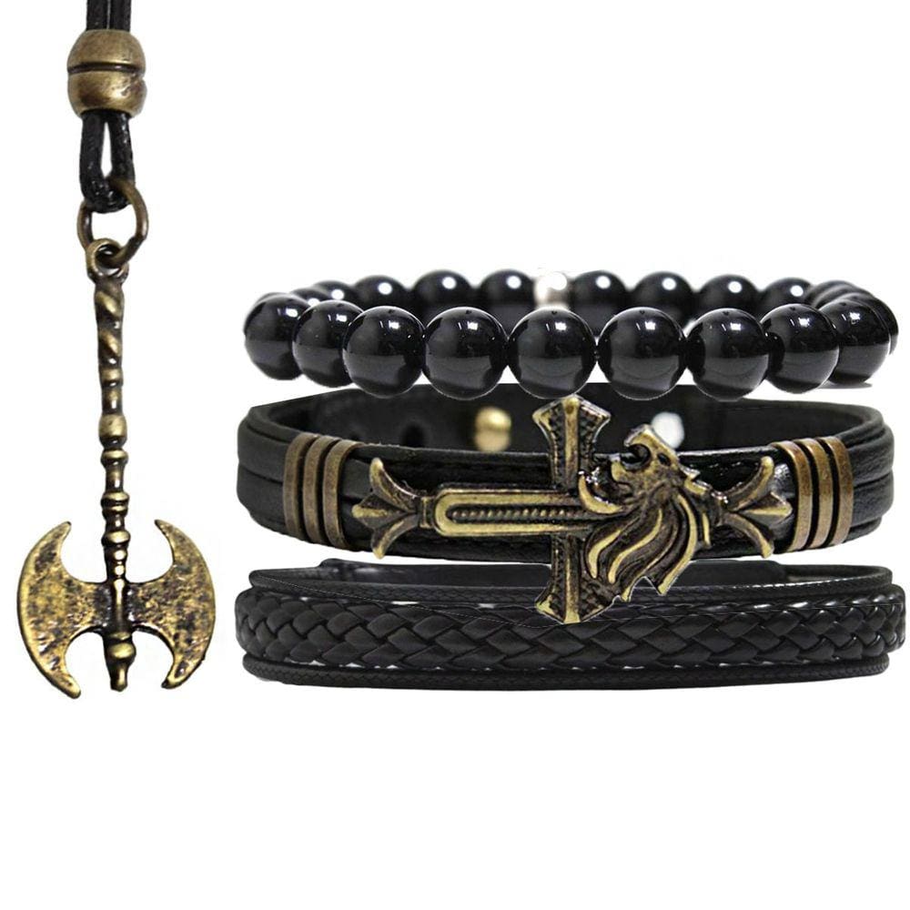 Pulseiras Masculinas Couro LEÃO PRETO Kit C / 03 + Colar Machado Viking