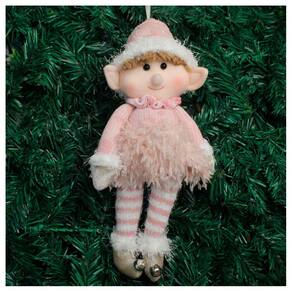 Kit 2 Boneco Pendente Natal Duende Mamãe Noel Rosa 30cm